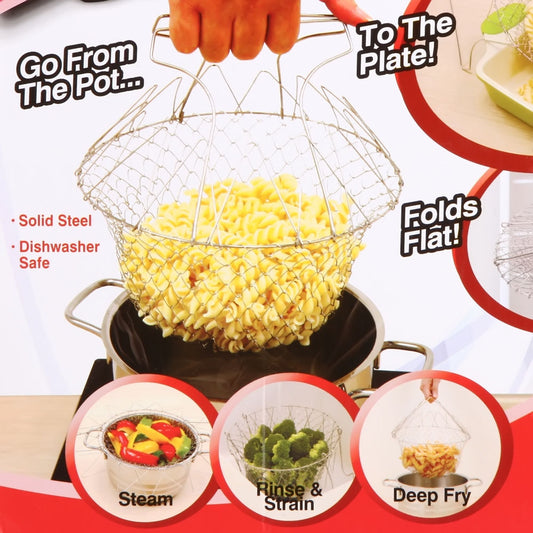 Stainless Steel Chef Basket 12 in 1 Kitchen Tool Deluxe Boiler, Steamer, Strainer & Frying